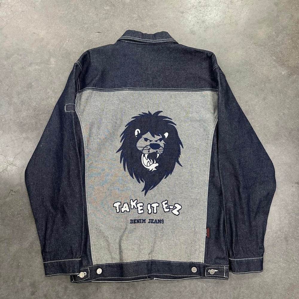 Take It Easy Y2K Denim Lion Embroidery Worker Jacket Size Large